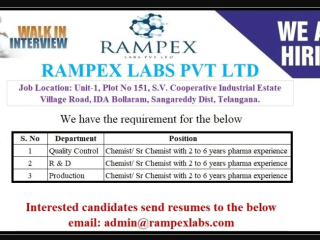 Walkins@ for QC/R&D/Production Positions in Rampex Labs Pvt Ltd @bolloaram